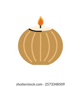 Round Brown Candle Vector Illustration with Flame on White Background.  cozy aromatic candle. Aromatherapy and relaxation