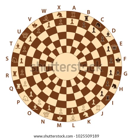 Round brown chessboard for three players with chess pieces. Chess pieces in flat style. Vector illustration
