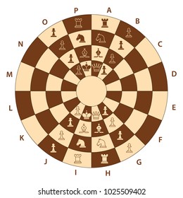 Round brown chessboard for two players with chess pieces. Chess pieces in flat style. Vector illustration