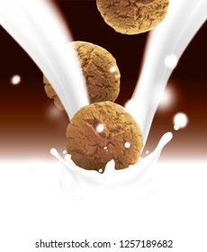 Round brown cookies falling into white pouring milk. Realistic vector illustration with blurred chocolate color background with splashes and drops.