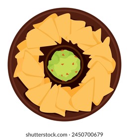 Round brown ethnic plate with Mexican corn nachos and guacamole sauce