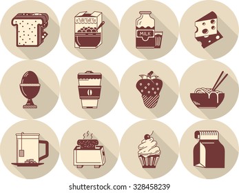 Round brown flat style vector icons set for breakfast menu. Healthy lifestyle. Design elements for website and business.