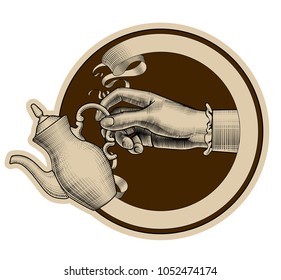 Round brown retro label with ribbon and woman's hand holding a coffee pot. Vintage stylized drawing. Vector illustration