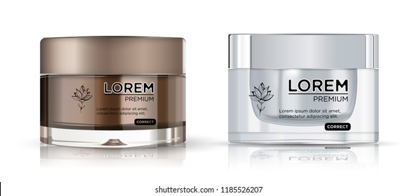 Round Brown And Silver Plastic Jar Cosmetics Set - Body Cream, 
Butter, Scrub, Bath Salt, Gel, Skin Care, Powder. Realistic Packaging Mockup Template. 
Side View. Vector Illustration.