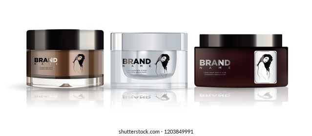 Round brown and silver plastic jar cosmetics set - body cream, 
butter, scrub, bath salt, gel, skin care, powder. Realistic packaging mockup template. 
Side view. Isolated on white background.