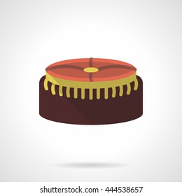 Round brown soft foot stool with a yellow elements. Upholstered furniture for home recreation. Fashionable interior decor. Flat color vector icon