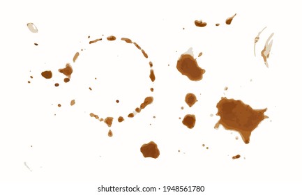 Round brown stain and coffee mark with splash droplets. Vector illustration, isolated, EPS 10. Top view, grunge, sloppy.