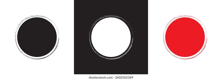 Round brush paint strokes. Black, white and red ink circles. Vector grunge calligraphic circular smears. Vector illustration. isolated on white and black background. EPS 10