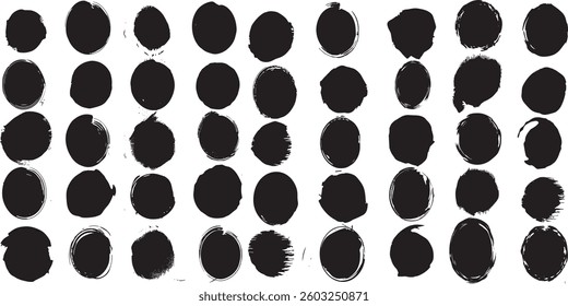 Round brush paint strokes. Black ink circles. Vector grunge calligraphic circular smears.