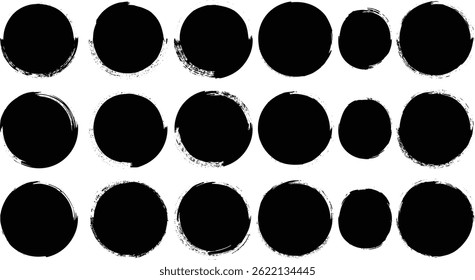 Traçados de pintura com pincel redondo. Círculos de tinta preta. Esfregaços circulares caligráficos grunge vetoriais.