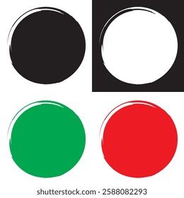 Round brush paint strokes . Vector grunge calligraphic circular smears. Grungy black, white ,red, green Chinese ink dot .Paintbrush line border frames. Japanese ENSO symbols. Vector illustration. 