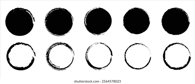 Round brush painted circle banner on transparent background, Grunge round shapes. Grunge banner collection. Black isolated on white background, vector illustration.