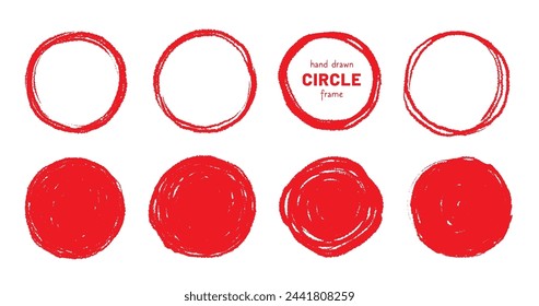 Round brush stroke red stamp vector frame. Hand drawn rough scribble red effect line. Paint color crayon brush stroke frame. Scribble hand drawn grunge doodle circle set. Vector illustration