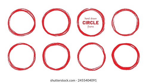 Round brush stroke red stamp vector frame. Hand drawn rough scribble red effect line. Paint color crayon brush stroke frame. Scribble hand drawn grunge doodle circle set. Vector illustration