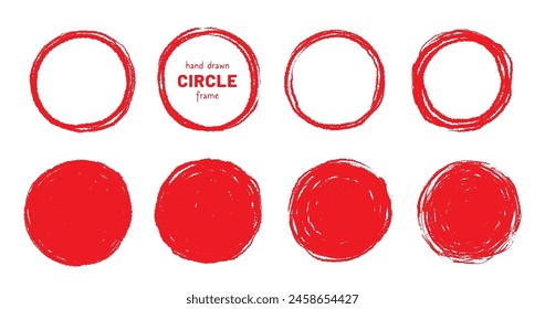 Marco de Vector de sello rojo de pincel redondo. Línea de efectos rojos dibujada a mano a mano. Pintura color lápiz pincel marco de trazo. Garabato dibujado a mano grunge doodle círculo conjunto. Ilustración vectorial