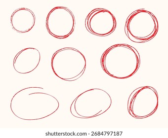 Roter Stempelmarkenrahmen mit rundem Pinselstrich. Handgezeichnete raue Ritzlinie mit rotem Effekt. Zeichnen Sie Farbe Buntstift Pinsel Strichrahmen. Handgezeichneter Grunge-Doodle-Kreis