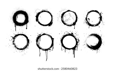 Round brush strokes, grunge frame with paint drips and spray effect, grunge circles isolated on white background with dirty paint effect. Coffee rings. Dirty ink circles with splash and spray. Vector