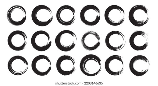 Round brush strokes set. Water color paintbrush circles, calligraphy smears, hand drawn black round frames, brushstroke painted rings isolated