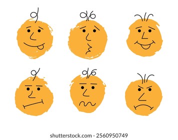 Round Brush Strokes Smiley Faces Different Emotions Set Hand Drawn. Emoticons and human emotions concept vector art