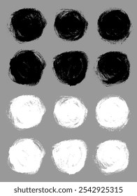 Round brush strokes vector. Painted rounds collection. Grunge text boxes or textured backgrounds set. Black and white options
