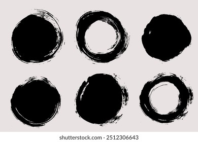 Round brush strokes vector. Set of circle text boxes. Grunge design elements. Painted round shapes with grain texture and round frames