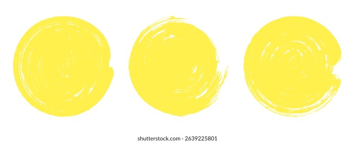 Round brush sun rough. Yellow grunge ink stamp. Abstract crayon design elements