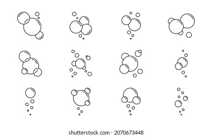 Runde Bläschen aus Schaumstoff oder Suppe Linie Symbol Set. Fizzaische Getränke, Mineralwasser, Wäscheservice, Champagner, Reinigung Lineares Piktogramm. Circle Bubble Soap Outline Icon. Einzelne Vektorgrafik.