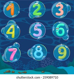 Round bubbles in water with numbers in them / Flat view bubbles under the water 