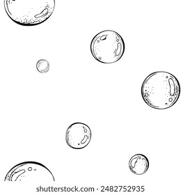 Round bubbles of water, soap. Marine illustration of the underwater world hand drawn in black ink graphically. Vector seamless pattern, pattern, ornament, simple in EPS.