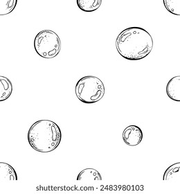 Round bubbles of water, soap. Marine illustration of the underwater world hand drawn in black ink graphically. Vector seamless pattern, pattern, ornament, simple in EPS