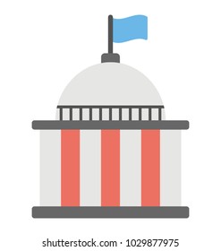 
A round building with a flag representing government building

