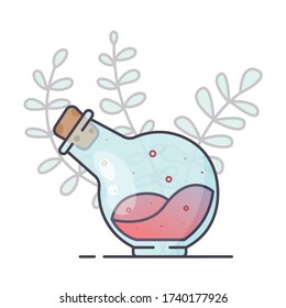 Round bulb with a tilted neck closed by a stopper. Vector icon with a background of leaves.