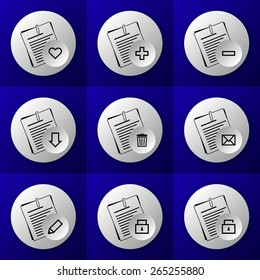 round business document icon set buttons - like, plus, minus, download, delete, sent, write, lock and unlock - on blue background