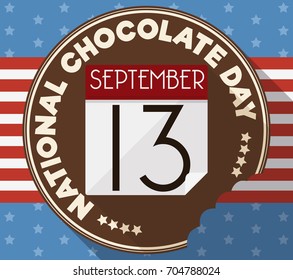 Round button all covered in chocolate half bitten with loose-leaf calendar and reminder date over American design for National Chocolate Day.