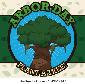 Round button with an ancient tree over a label decorated with shovels and leaves pattern in the background promoting tree plantation and celebration of Arbor Day.