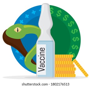 
Round button with Asclepius staff, vaccine ampoule and coins, symbolizing the fight between the vaccination economic profit and medical help.