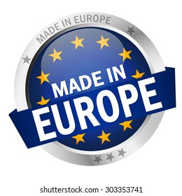 round button with banner, country flag and text MADE IN EUROPE