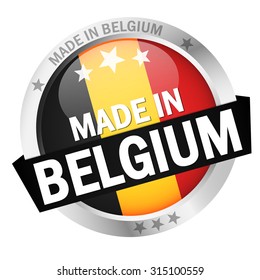 round button with banner, country flag and text MADE IN BELGIUM