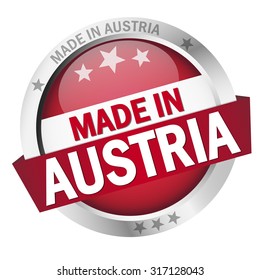 round button with banner, country flag and text MADE IN AUSTRIA