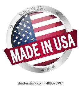 round button with banner, country flag and text MADE IN USA