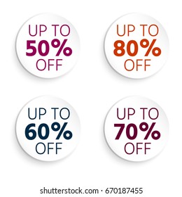 Round button, banner discount. Up to 50 off. Sale banner. Vector illustration with isolated design elements