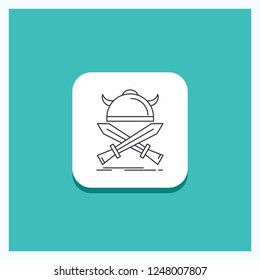 Round Button for battle, emblem, viking, warrior, swords Line icon Turquoise Background