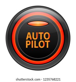 Round button in black case, neon orange backlight, vector illustration. The inscription is yellow, autopilot, indicator light. Realistic button for internet applications isolated on white background.