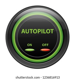 Round button in black case, neon green backlight, vector illustration. Inscription autopilot, on and off indicator light. Realistic button for internet applications isolated on white background.