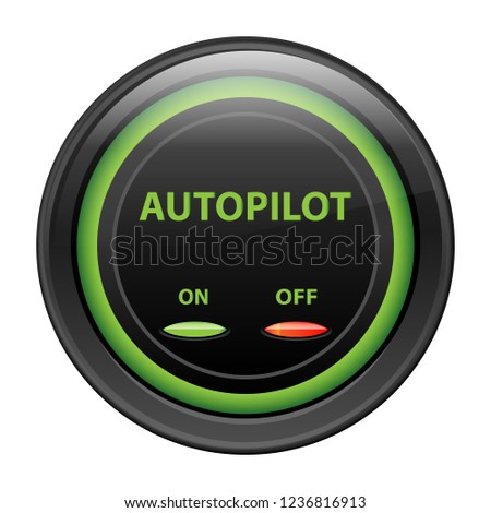 Round button in black case, neon green backlight, vector illustration. Inscription autopilot, on and off indicator light. Realistic button for internet applications isolated on white background.