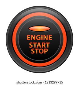 Round button in black, vector illustration. Inscriptions engine, start, stop orange, light indicator. Realistic button for internet applications and games, isolated on white background.