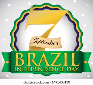 Round button with Brazilian flag colors, golden number seven, scroll with month and greeting ribbon ready for Brazil Independence Day celebration in September 7.