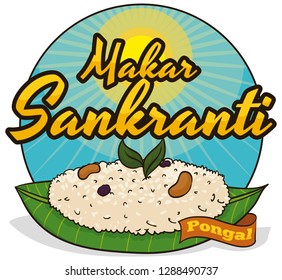 Round button with bright sun, illuminating an Indian delicious dish: the traditional chakkara pongal, a delicious sweet made with rice, mung beans and raisins, served during Makar Sankranti festival.