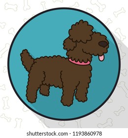 Round button and brown water dog ready to play, decorated with bones pattern in flat design with long shadow.