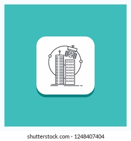 Round Button for building, smart city, technology, satellite, corporation Line icon Turquoise Background